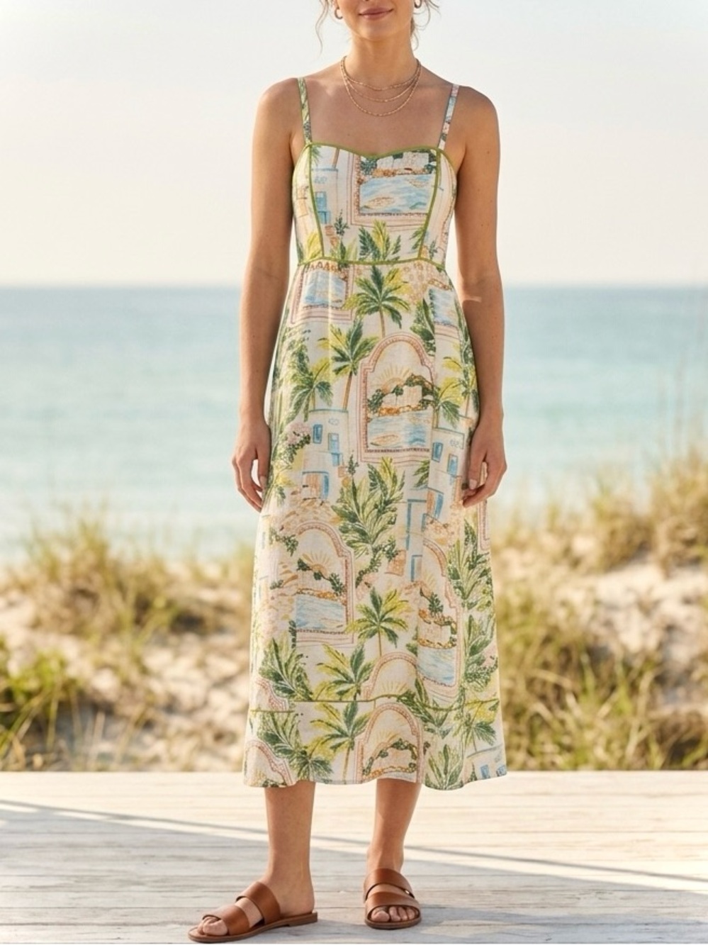 The Good Journey Square Neck Midi Dress Island Vibes Sundress Lined Size 10